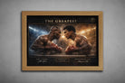 Mike Tyson vs Muhammad Ali “The Greatest” boxing artwork in oak frame, vintage fight scene styled as framed sports art.