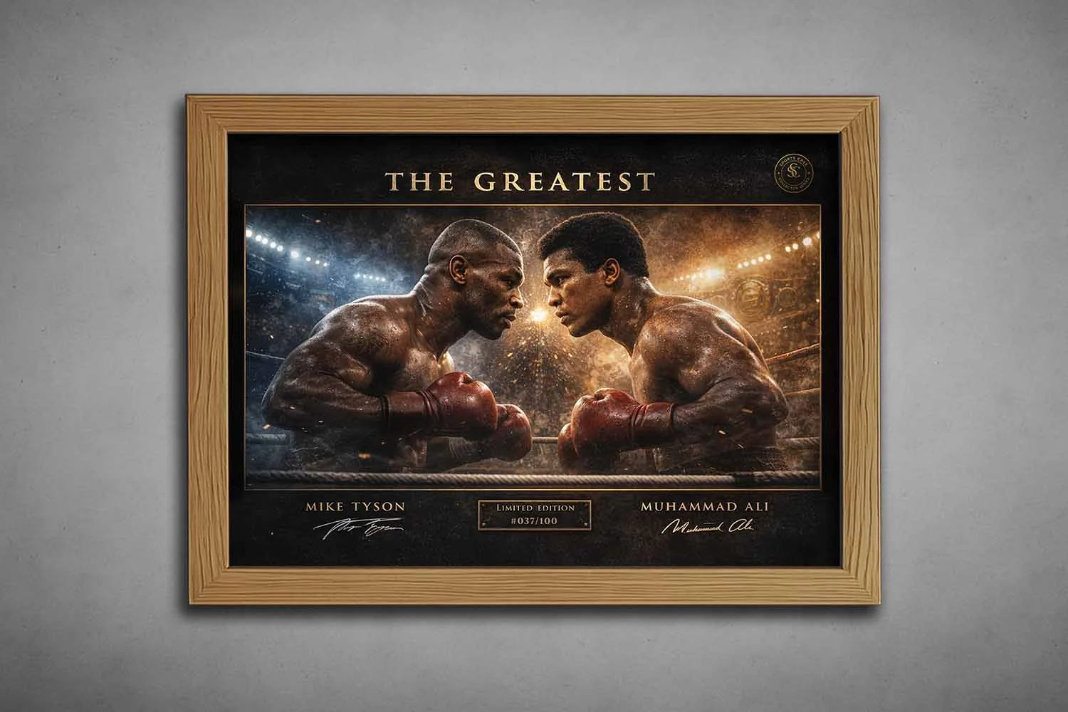 Mike Tyson vs Muhammad Ali “The Greatest” boxing artwork in oak frame, vintage fight scene styled as framed sports art.