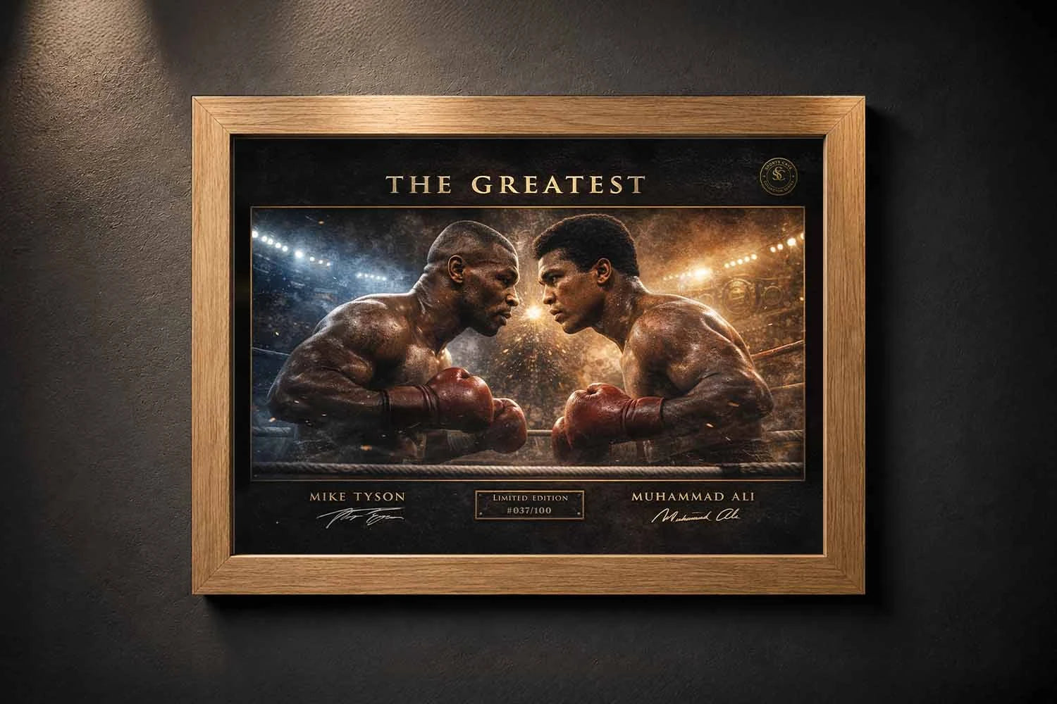 Elegant oak‑frame sports wall art featuring Tyson and Ali, perfect for modern man cave décor and display.