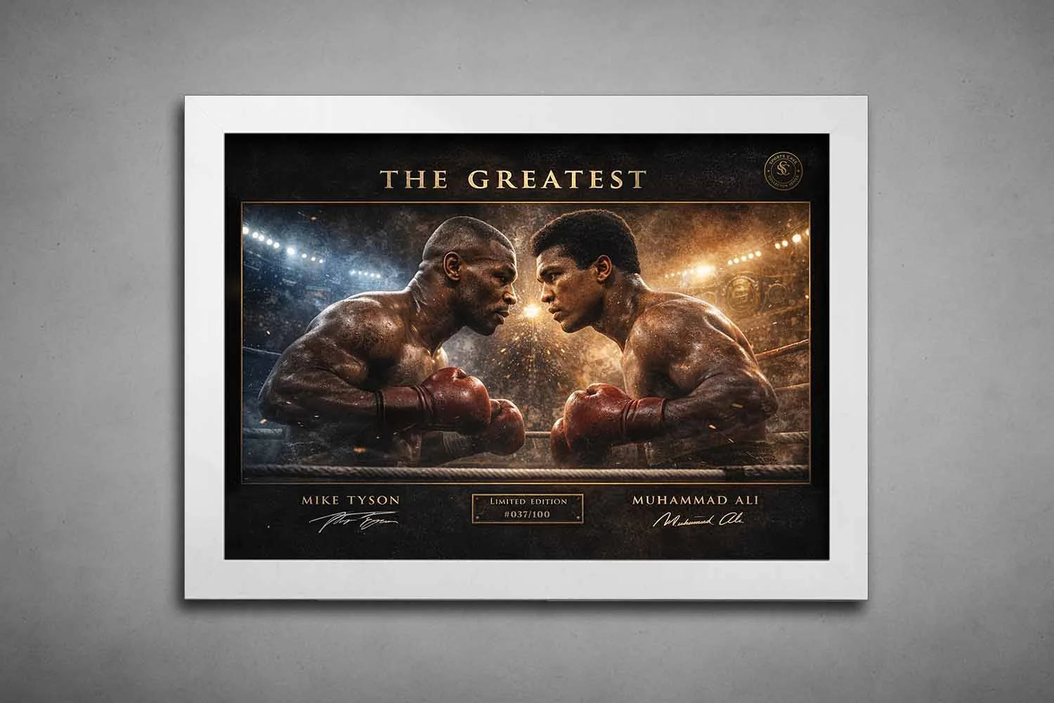 Mike Tyson vs Muhammad Ali “The Greatest” boxing artwork in white frame showcasing iconic heavyweight rivalry sports wall art.
