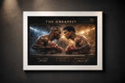 Framed sports art of Mike Tyson and Muhammad Ali facing off in the ring, a limited‑edition boxing collector piece.