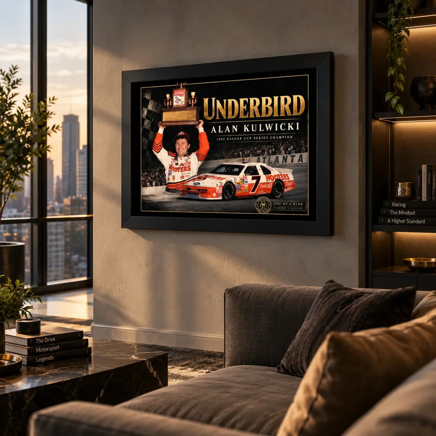 Alan Kulwicki Underbird NASCAR wall art hanging in a contemporary living room with city views at sunset.