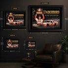 Alan Kulwicki Underbird framed wall art size guide showing Small, Medium, Large and Extra Large dimensions.