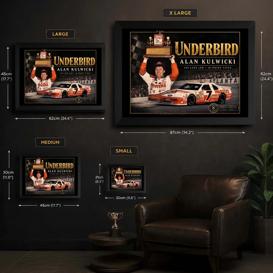 Alan Kulwicki Underbird framed wall art size guide showing Small, Medium, Large and Extra Large dimensions.