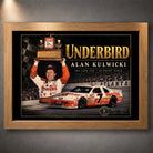 Oak framed Alan Kulwicki Underbird NASCAR wall art with the 1992 trophy celebration and number 7 race car.