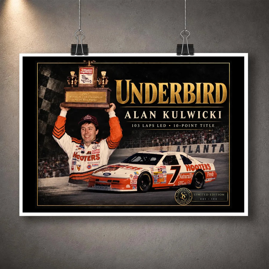 Unframed Alan Kulwicki Underbird NASCAR wall art showing the championship celebration and orange number 7 race car.