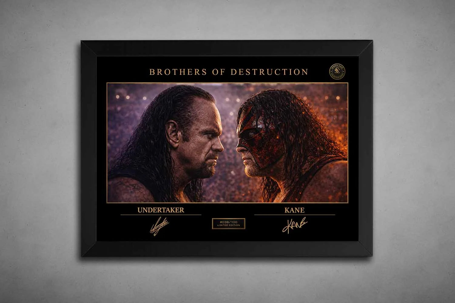 Undertaker vs Kane Brothers of Destruction framed sports art in black frame, intense WWE rivalry artwork with premium finish