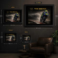 Valentino Rossi The Doctor wall art size guide showing framed Small, Medium, Large and XL dimensions.
