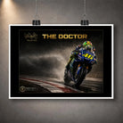 Unframed Valentino Rossi The Doctor motorsport wall art featuring the #46 bike on a rain-soaked track.