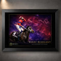 Verry Elleegant 2021 Melbourne Cup wall art in a black frame, featuring the winning mare and jockey in red and purple tones.