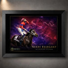 Verry Elleegant 2021 Melbourne Cup wall art in a black frame, featuring the winning mare and jockey in red and purple tones.