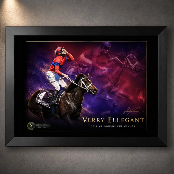 Verry Elleegant 2021 Melbourne Cup wall art in a black frame, featuring the winning mare and jockey in red and purple tones.