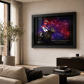 Black framed Verry Elleegant 2021 Melbourne Cup wall art displayed in a bright modern living room with neutral furnishings.