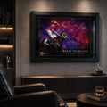 Black framed Verry Elleegant 2021 Melbourne Cup wall art displayed in a dark premium man cave with warm feature lighting.