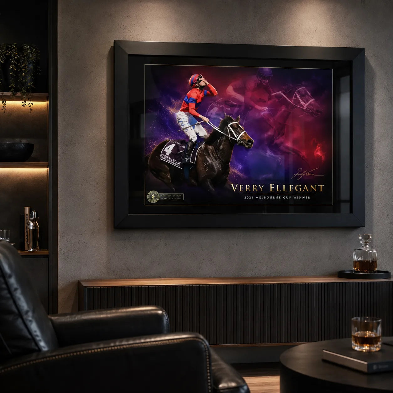 Black framed Verry Elleegant 2021 Melbourne Cup wall art displayed in a dark premium man cave with warm feature lighting.