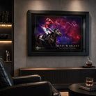 Black framed Verry Elleegant 2021 Melbourne Cup wall art displayed in a dark premium man cave with warm feature lighting.