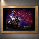 Verry Elleegant 2021 Melbourne Cup wall art in an oak frame, featuring the winning mare and jockey in a cinematic racing design.