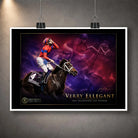 Unframed Verry Elleegant 2021 Melbourne Cup wall art print featuring the winning mare and jockey in red and purple tones.