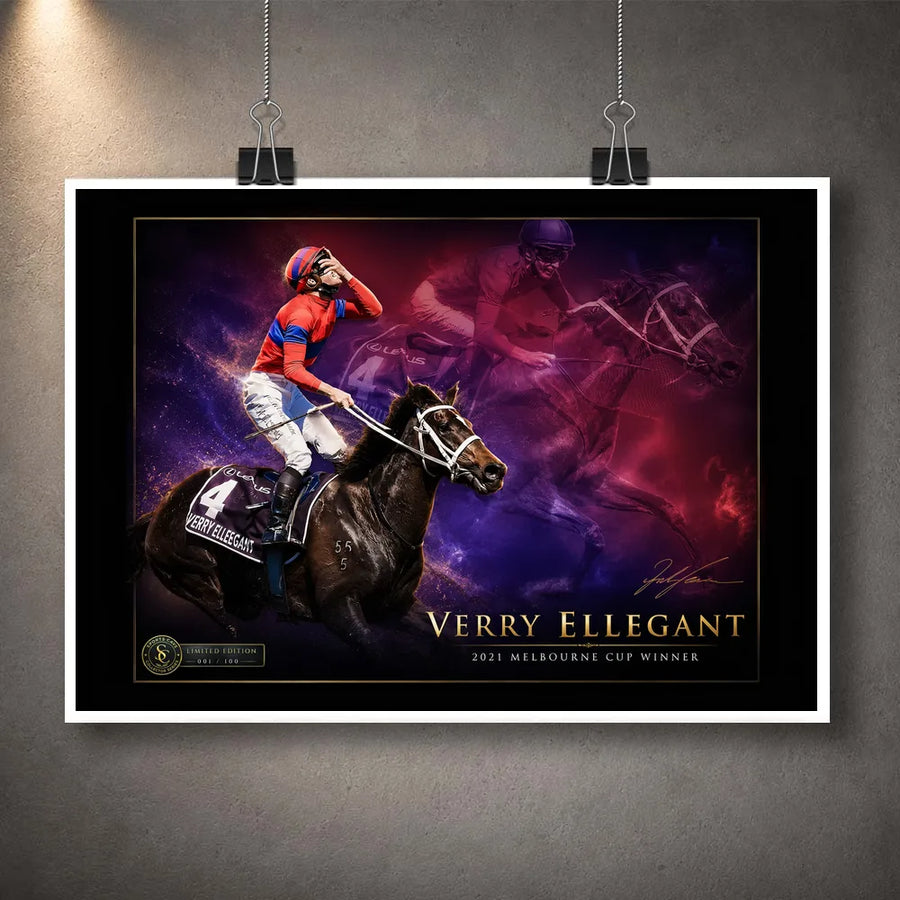 Unframed Verry Elleegant 2021 Melbourne Cup wall art print featuring the winning mare and jockey in red and purple tones.