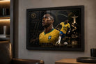 Vinicius Junior Brazil sports wall art showcased in a modern man cave with warm lighting and black frame.