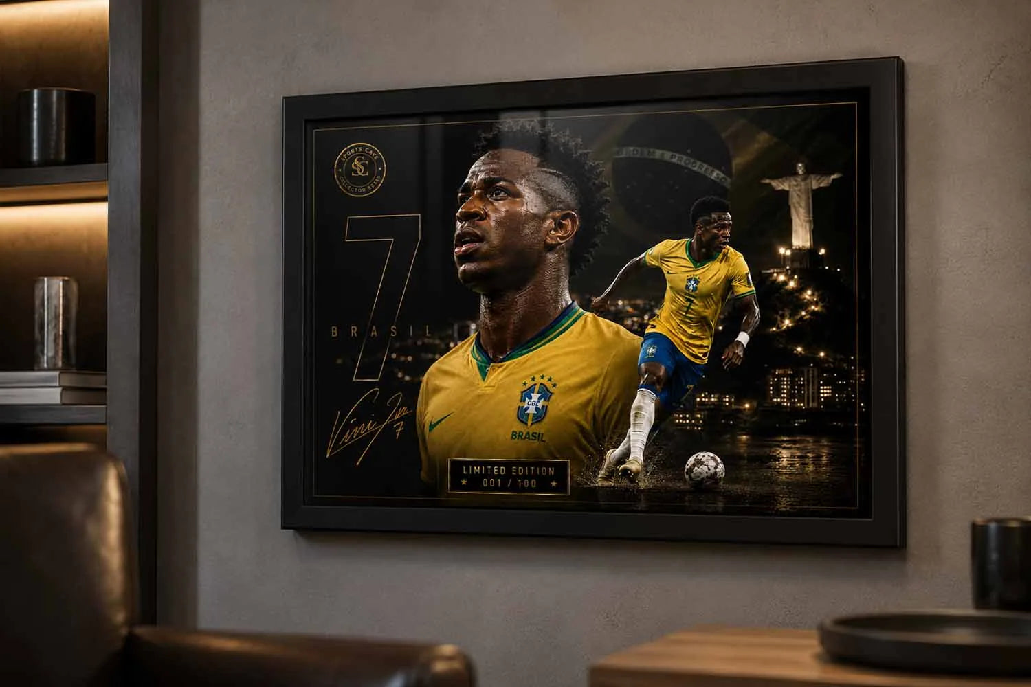 Vinicius Junior Brazil sports wall art showcased in a modern man cave with warm lighting and black frame.