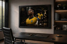 Vinicius Junior framed sports art displayed in a luxury office setup with modern décor and ambient lighting.