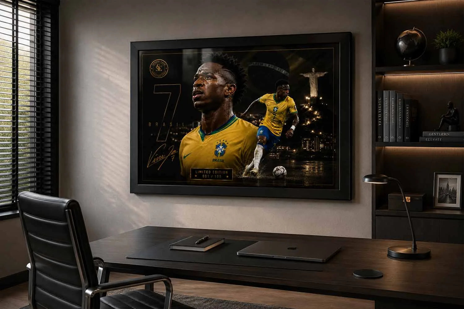 Vinicius Junior framed sports art displayed in a luxury office setup with modern décor and ambient lighting.