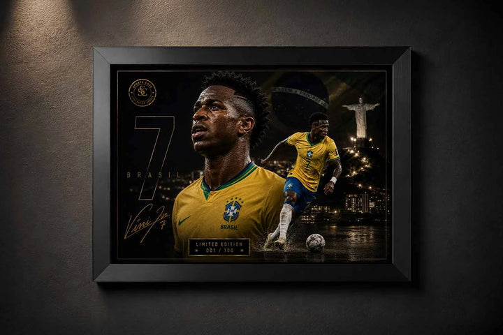 Vinicius Junior limited edition framed sports memorabilia displayed in a bold black frame with luxury styling.