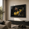 Black-framed Vinicius Junior Brazil wall art displayed in a bright modern living room above a dark timber cabinet.
