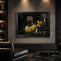 Vinicius Junior Brazil wall art in a black frame, displayed in a dark man cave with leather seating and warm spotlights.