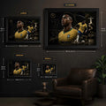 Size guide for Vinicius Junior Brazil wall art showing small, medium, large and extra-large framed dimensions in centimetres and inches.