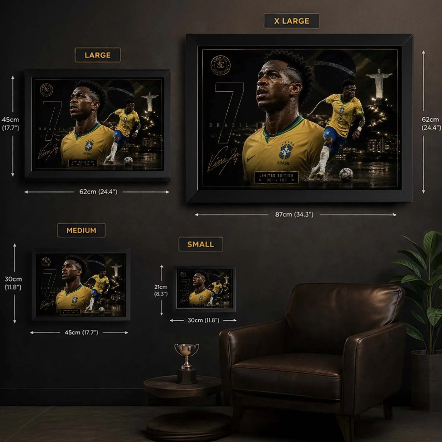 Size guide for Vinicius Junior Brazil wall art showing small, medium, large and extra-large framed dimensions in centimetres and inches.