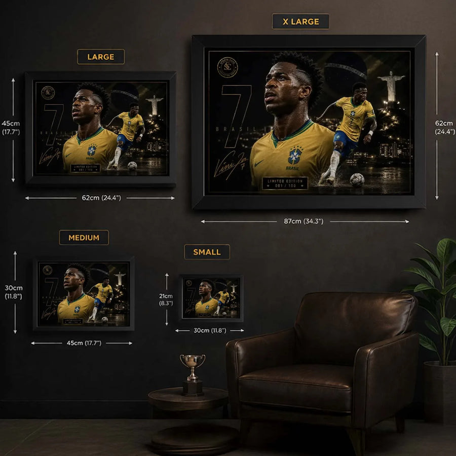 Size guide for Vinicius Junior Brazil wall art showing small, medium, large and extra-large framed dimensions in centimetres and inches.