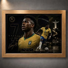 Vinicius Junior Brazil wall art in an oak frame, featuring the No. 7 football tribute against a dramatic Rio night backdrop.