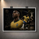 Unframed Vinicius Junior Brazil wall art print displayed with clips, featuring the No. 7 football tribute against a dark backdrop.