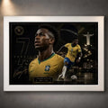 Vinicius Junior Brazil wall art in a white frame, featuring the No. 7 football tribute against a dark Rio night scene.