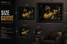 Size guide showing Vinicius Junior framed sports prints in small, medium, large and extra large formats.