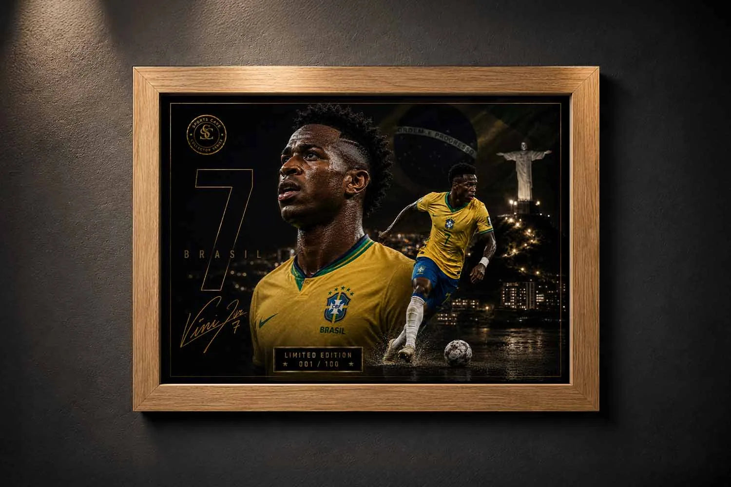 Vinicius Junior premium sports collectibles artwork displayed in an oak wood frame with luxury styling.