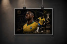 Unframed Vinicius Junior Brazil sports art print suspended with clips against a dark textured wall backdrop.