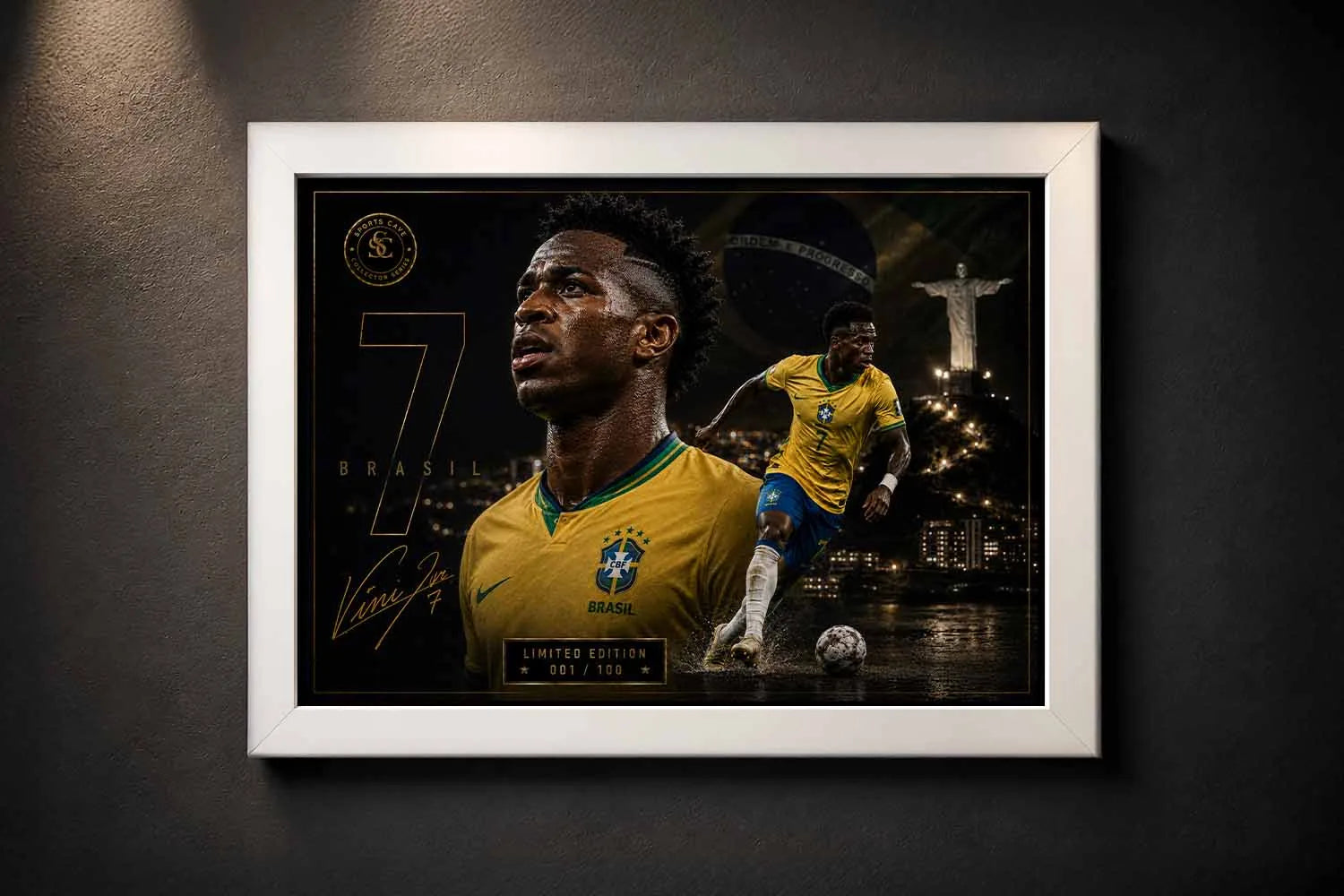 Vinicius Junior Brazil framed sports wall art in a sleek white frame with dramatic lighting and premium detail.