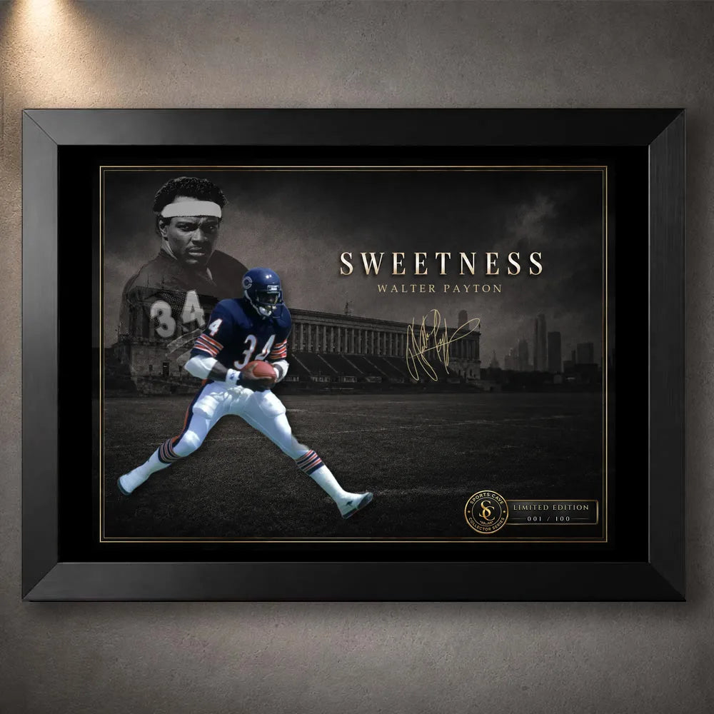 Black framed Walter Payton wall art featuring the Sweetness tribute for an American football collector display.