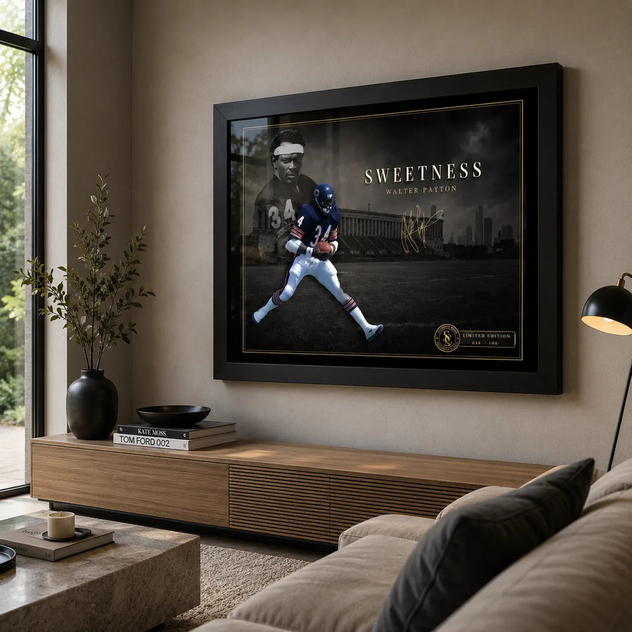 Walter Payton wall art displayed in a warm neutral living room with black framing and understated collector styling.