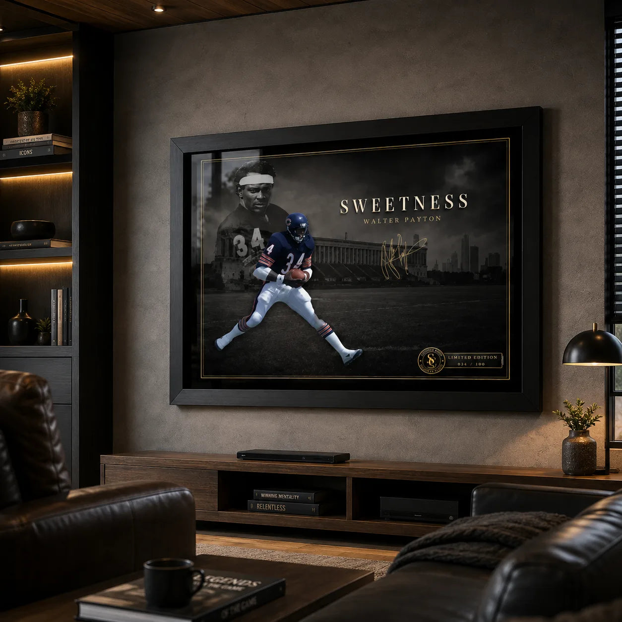 Walter Payton wall art in a dark premium man cave with black framing, warm timber tones and restrained sports-room styling.