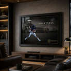 Walter Payton wall art in a dark premium man cave with black framing, warm timber tones and restrained sports-room styling.