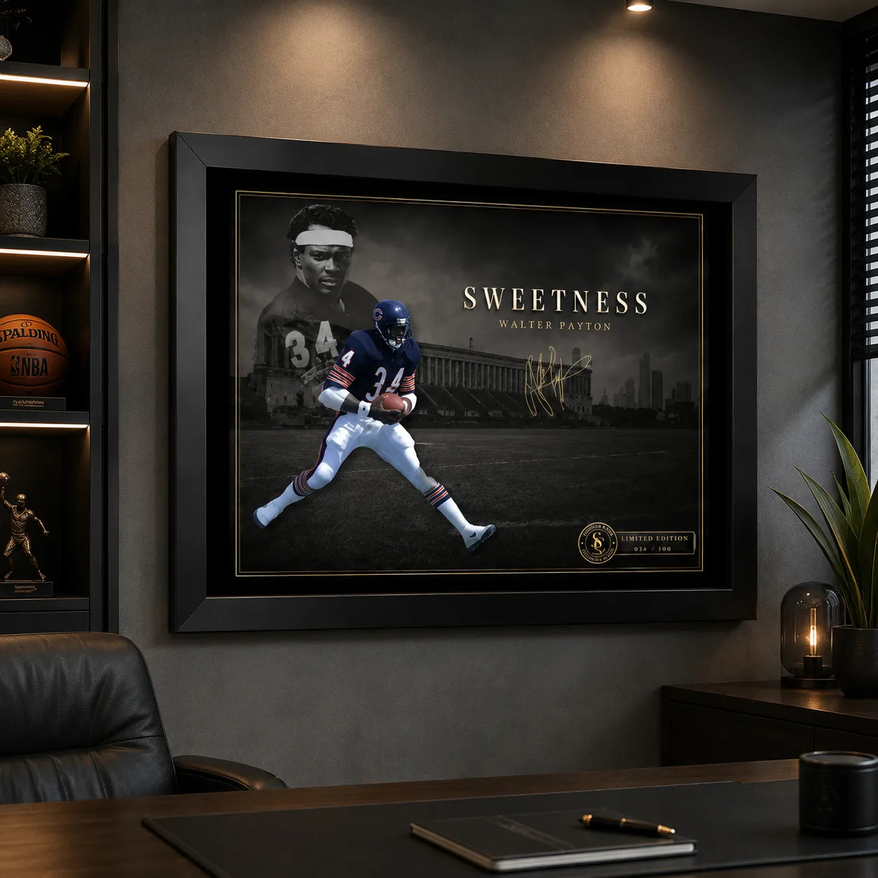 Walter Payton wall art mounted in a refined dark office with black framing, cinematic lighting and clean collector styling.