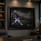 Walter Payton wall art mounted in a refined dark office with black framing, cinematic lighting and clean collector styling.