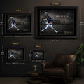 Walter Payton wall art size guide showing Small, Medium, Large and XL framed dimensions in centimetres and inches.