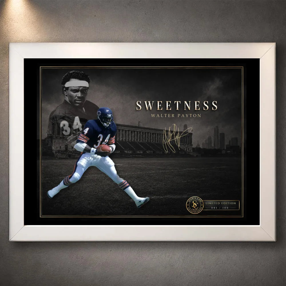 White framed Walter Payton wall art featuring the Sweetness tribute for a clean American football collector display.