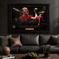 Wayne Rooney framed print on modern wall, bold football moment displayed, man cave wall décor for soccer fans