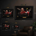 Wayne Rooney size guide showing multiple frame dimensions, football artwork scaling, framed sports memorabilia overview

